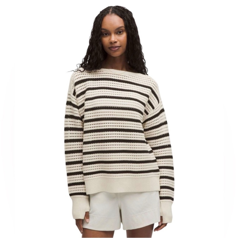 Lululemon Cotton Crochet Pullover Sweater Light Ivory Black $128
